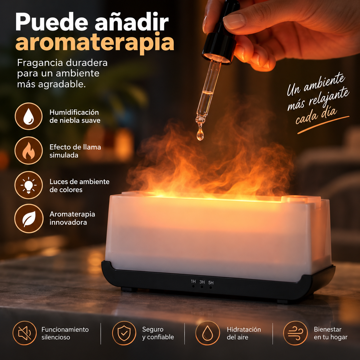 Humidificador y Difusor de Aromas con Efecto de Llama para el Hogar, USB con Temporizador, Máquina de Aromaterapia - Imagen 4