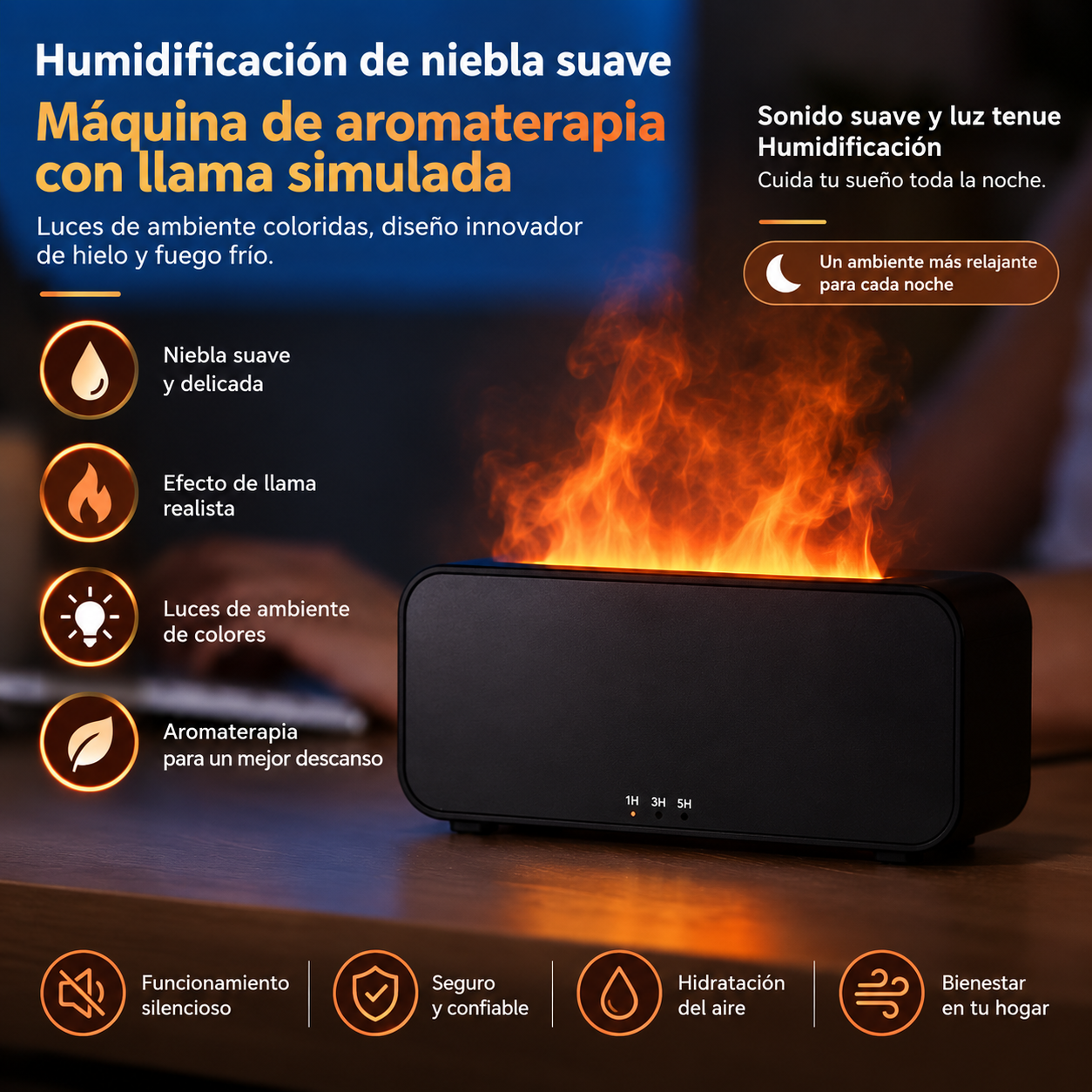Humidificador y Difusor de Aromas con Efecto de Llama para el Hogar, USB con Temporizador, Máquina de Aromaterapia - Imagen 2